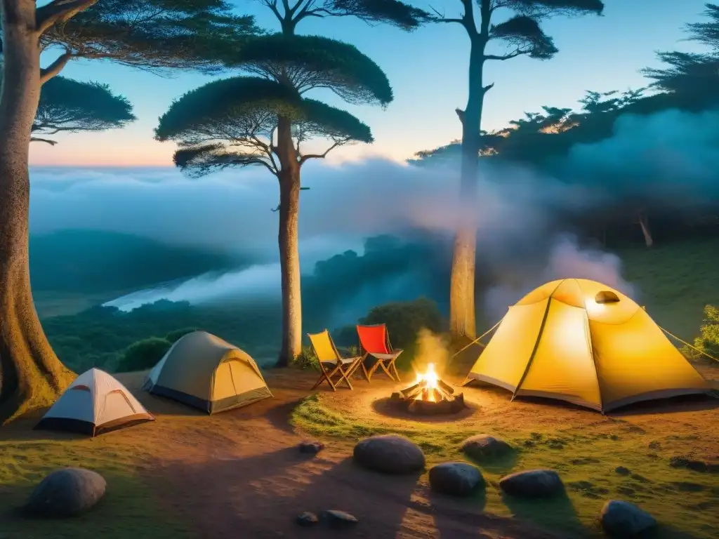 Campamento mágico en bosque de Uruguay: risas y relatos Campamento en Uruguay: ambiente acogedor con fogata, tienda y senderos, donde se comparten historias y risas