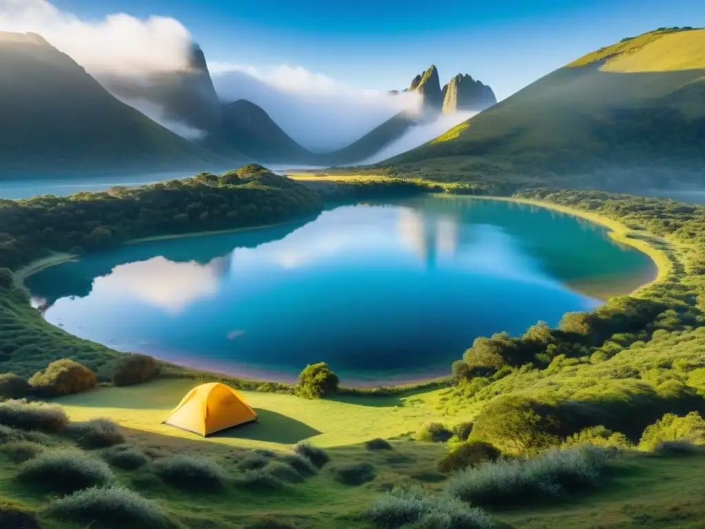 Campamento en Uruguay: Naturaleza, Lago y Aventura Un campamento acogedor junto a un lago en Uruguay, con fogata y tienda de campaña