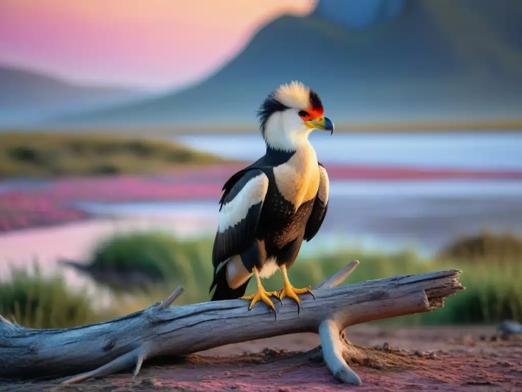 Aves coloridas en campamento al atardecer en Uruguay Un campamento al atardecer en Uruguay, con aves inusuales y coloridas en un entorno natural