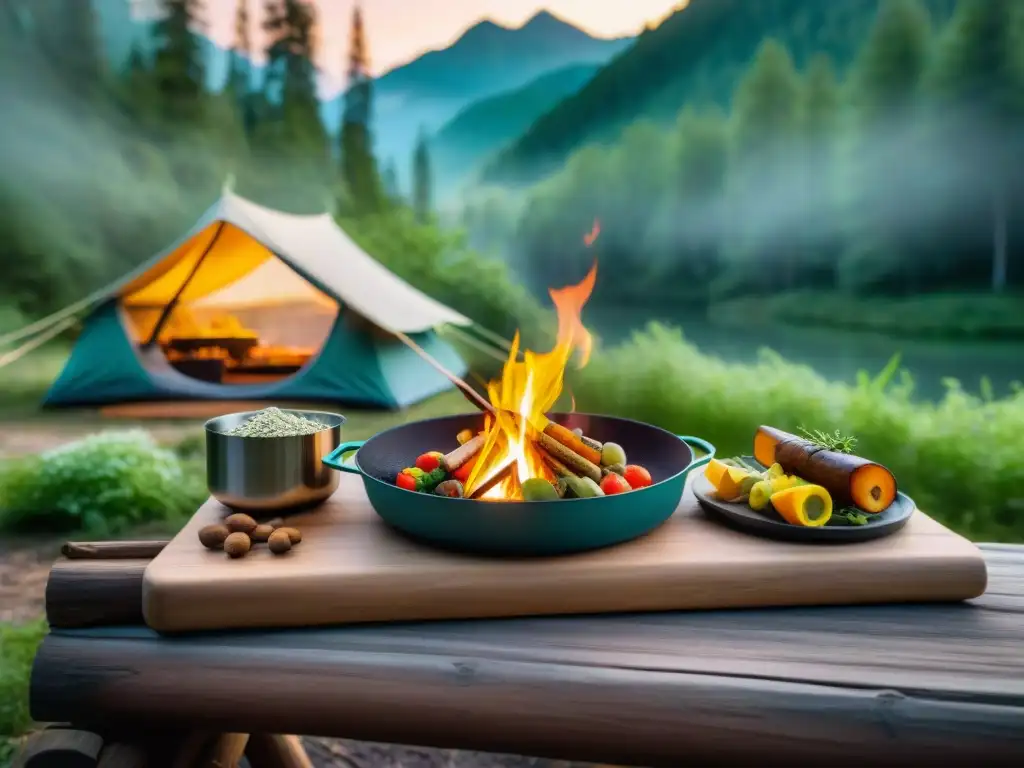Exquisitos snacks gourmet al fuego en el bosque Un campamento al atardecer en un bosque verde, con snacks saludables para camping en Uruguay