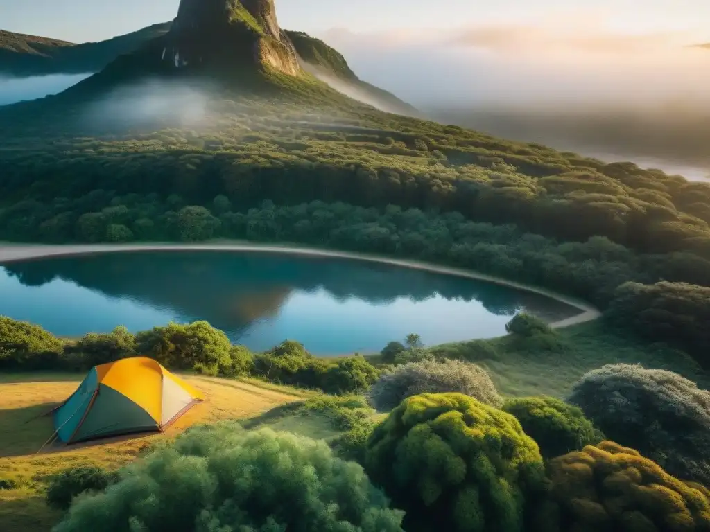 Campamento sereno al atardecer en Uruguay Te transporta a un campamento en Uruguay al atardecer, con campistas alrededor de una hoguera