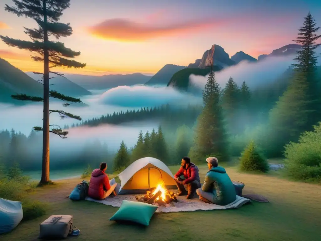Campamento mágico al atardecer: diversión y aventura al aire libre Un campamento al atardecer con fogata, campistas disfrutando actividades al aire libre