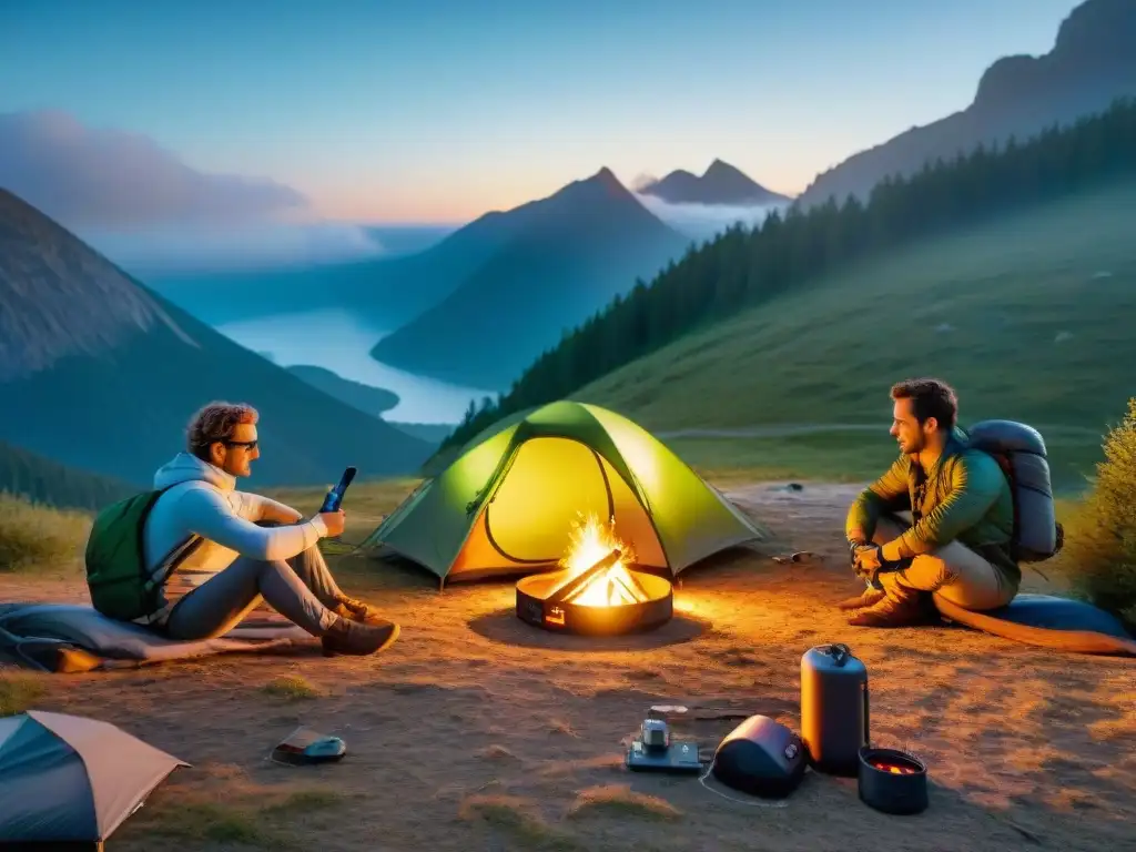 Campamento tecnológico en armonía con la naturaleza Campamento al atardecer con tecnología wearable para campistas integrada en la naturaleza