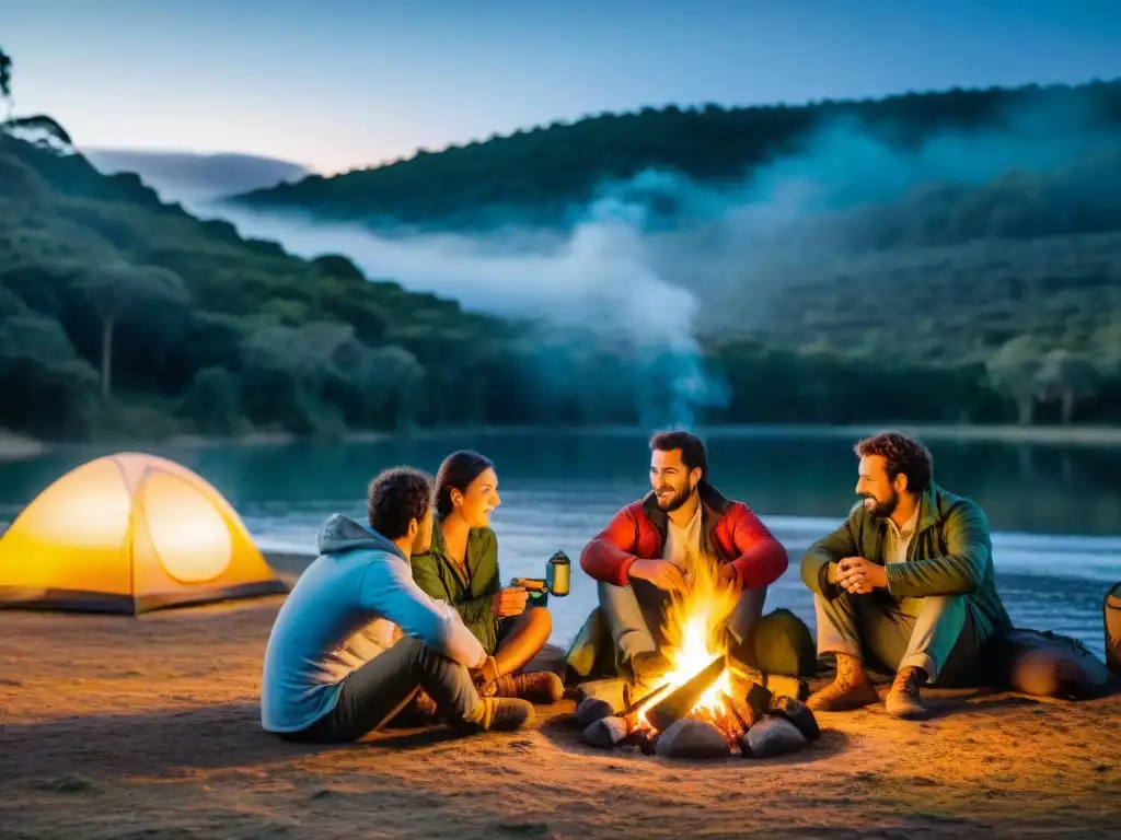 Demostración innovadora de filtrado de agua en campamento uruguayo Campamento al atardecer en bosque uruguayo, demostración de filtros de agua para camping junto al fuego