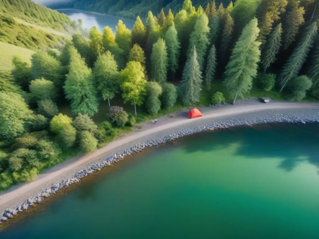 Campamento aventurero en bosque verde con drones Un campamento en el bosque con actividades al aire libre y usos creativos de drones en camping