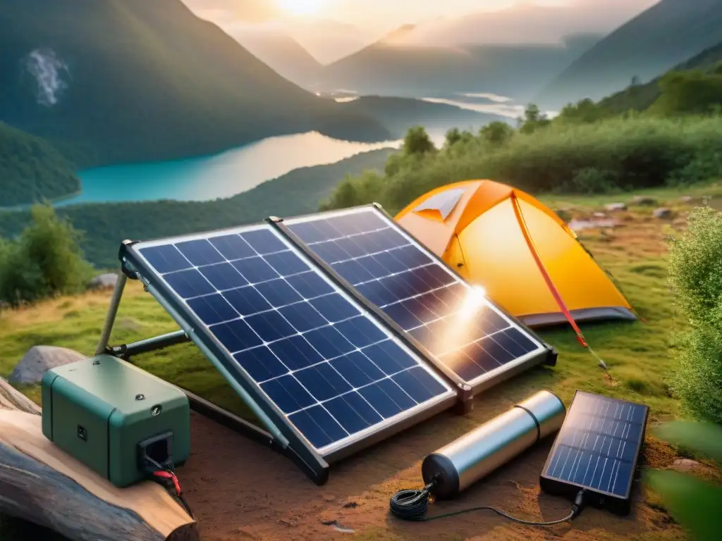 Campamento eco-sostenible en bosque verde con panel solar portátil Un campamento en el bosque con paneles solares portátiles para camping, capturando la armonía entre sostenibilidad y naturaleza