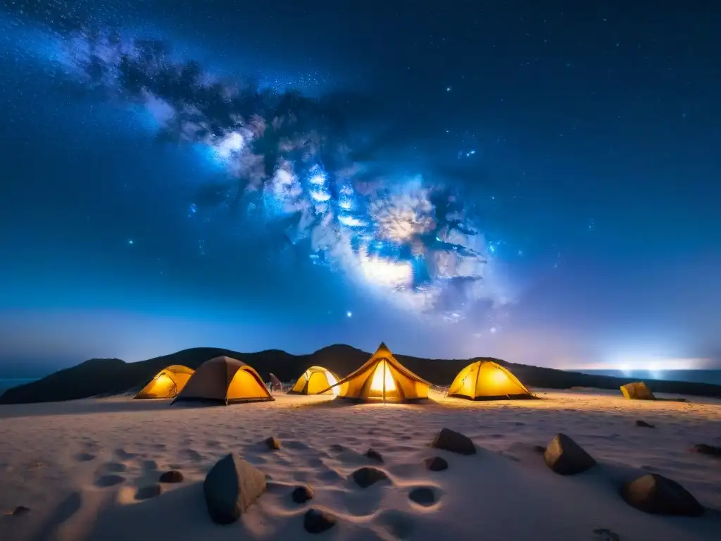 Espectacular vista de la Vía Láctea sobre Cabo Polonio, Uruguay Campamento bajo la Vía Láctea en Cabo Polonio National Park, una de las mejores zonas acampada observación astronómica en Uruguay