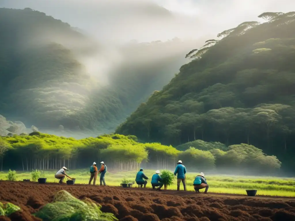 Reforestación en Uruguay: Campamento verde con propósito Campamento de reforestación en Uruguay: campistas plantando árboles con dedicación en el exuberante bosque verde