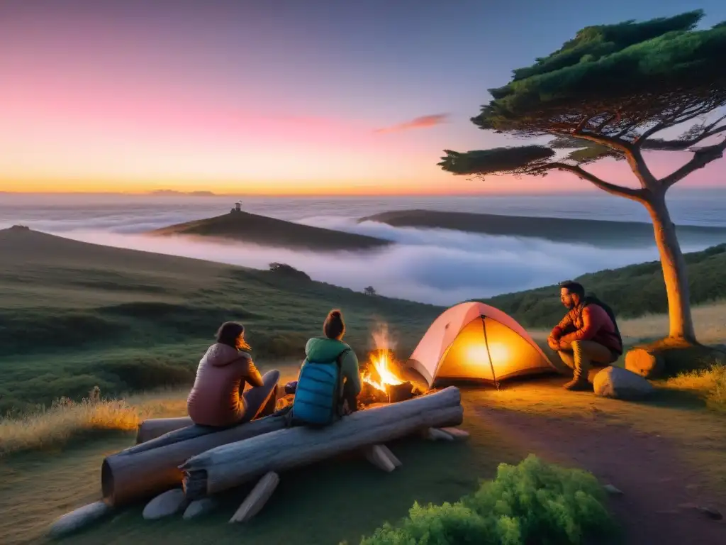 Campamento en Uruguay al atardecer: Aventura y naturaleza Campamento en Uruguay al anochecer con campistas alrededor de fogata, rodeados de vegetación, destacando dispositivos GPS y mapa