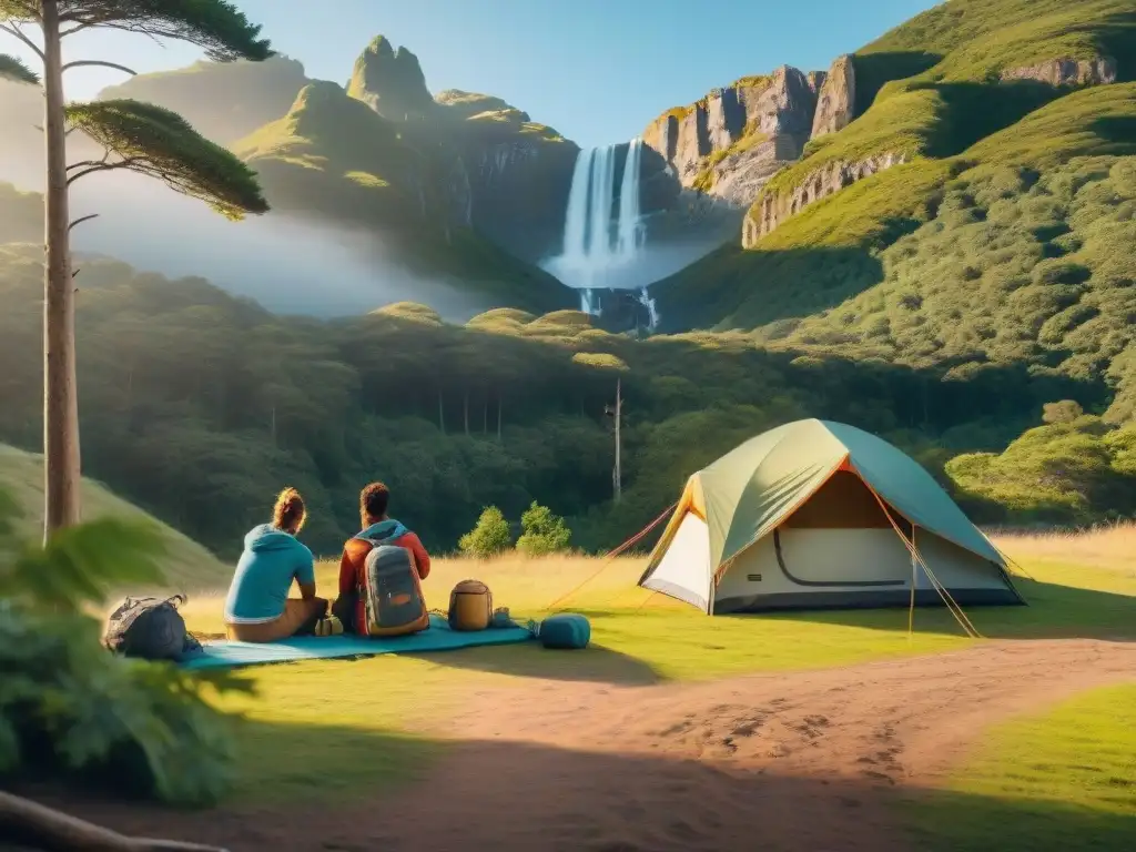 Campamento en el bosque: armonía y aventura en Uruguay Campamento en el bosque de Uruguay con campistas montando tiendas y disfrutando de la naturaleza