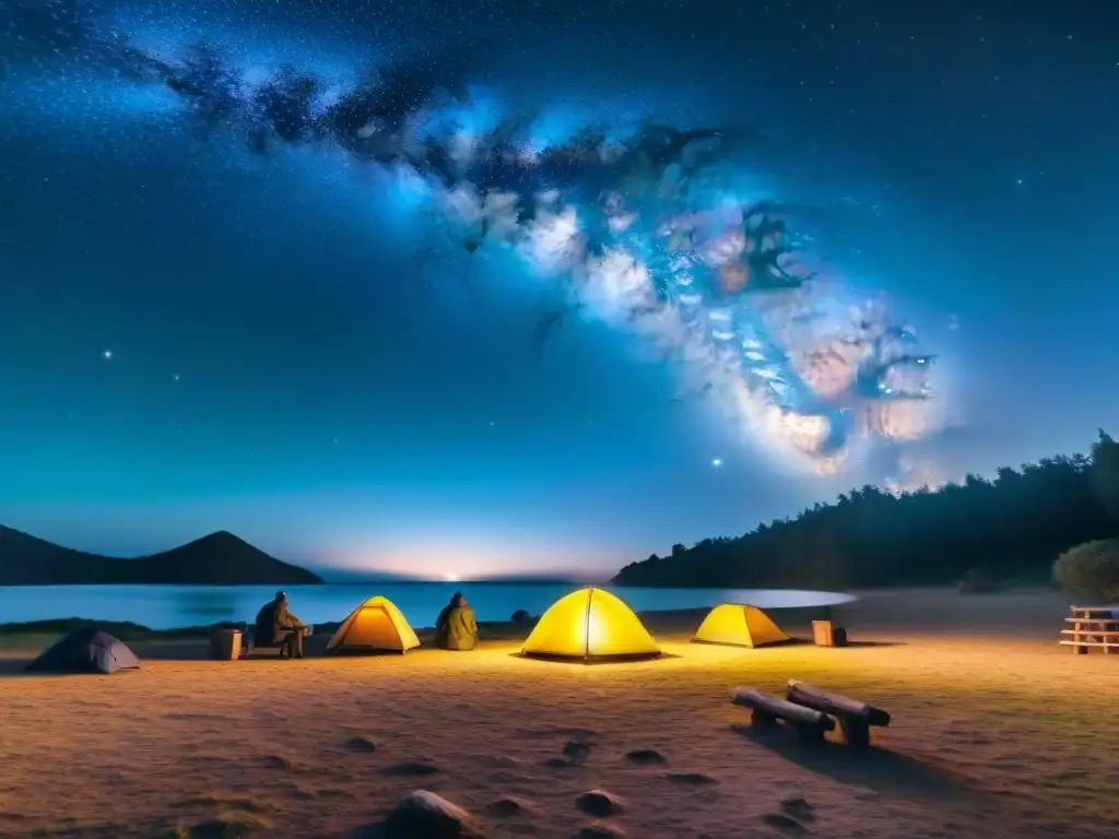 Cielo estrellado en camping sereno en Uruguay Un campamento en Uruguay bajo un cielo estrellado, evocando desconexión digital y conexión con las estrellas