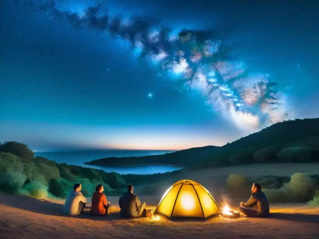 Noche estrellada en Uruguay: campamento bajo la Vía Láctea Un campamento en Uruguay bajo un cielo estrellado, donde la desconexión digital se combina con la belleza de la naturaleza