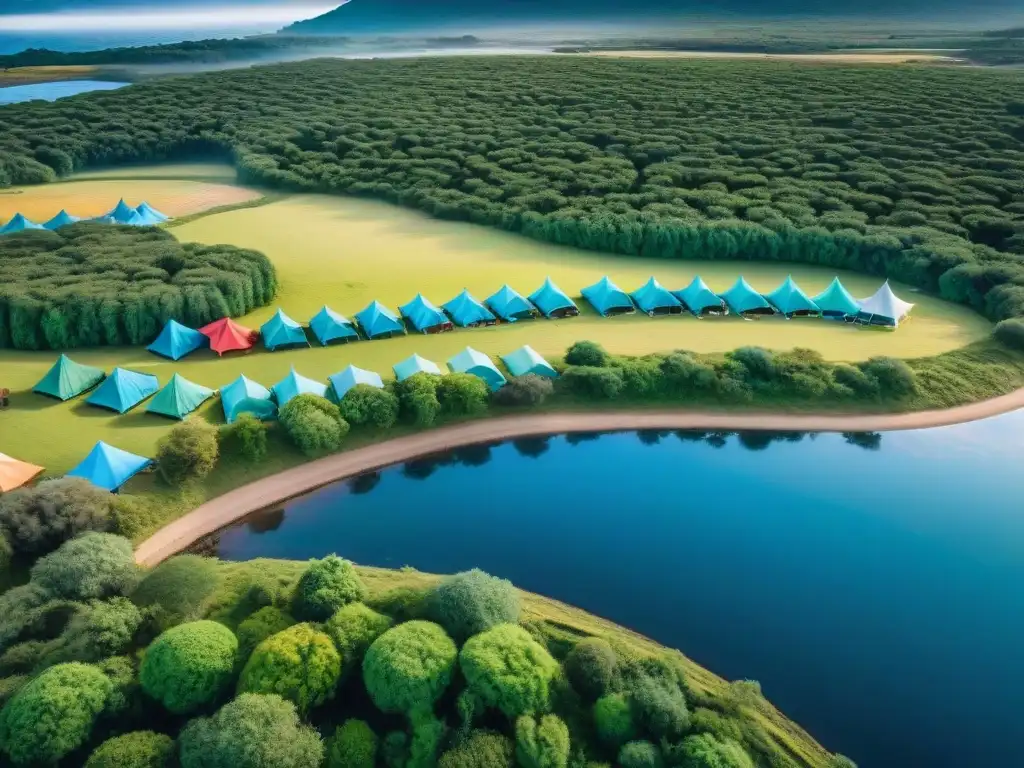 Campamento verde en Uruguay: armonía natural y tranquilidad Campamento en Uruguay: coloridas tiendas entre naturaleza y río