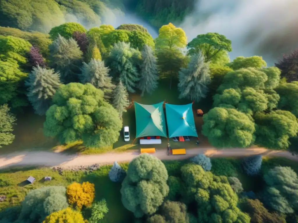 Camping multicolor en bosque: armonía entre naturaleza y tecnología Campamento colorido en el bosque con usos creativos de drones en camping: tiendas, actividades al aire libre y naturaleza en armonía