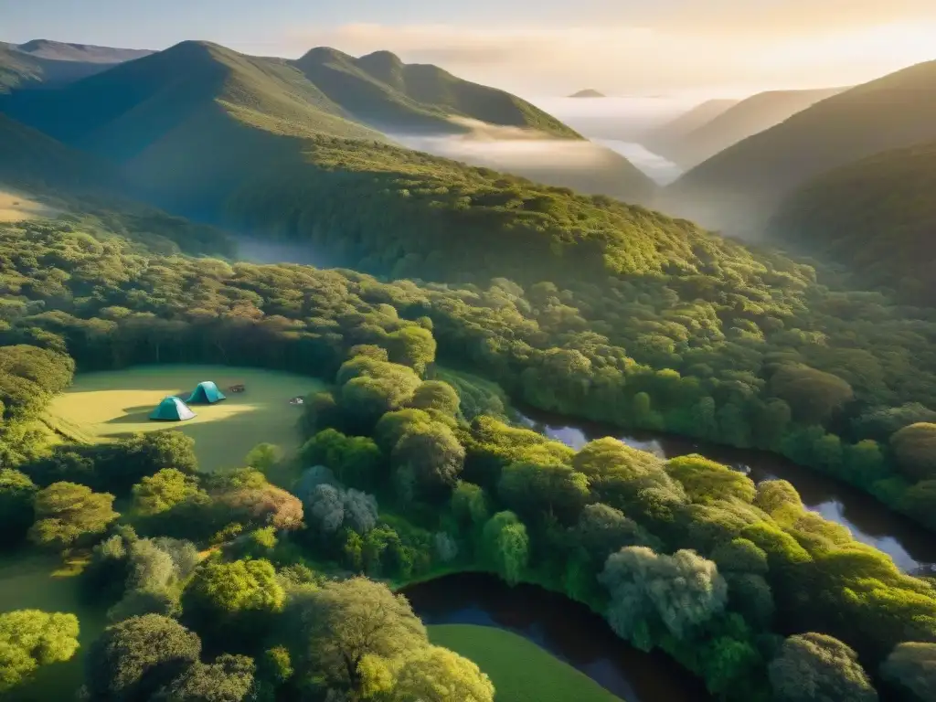 Campamento idílico en Uruguay: naturaleza, color y tranquilidad Un campamento colorido en las colinas uruguayas con río cristalino