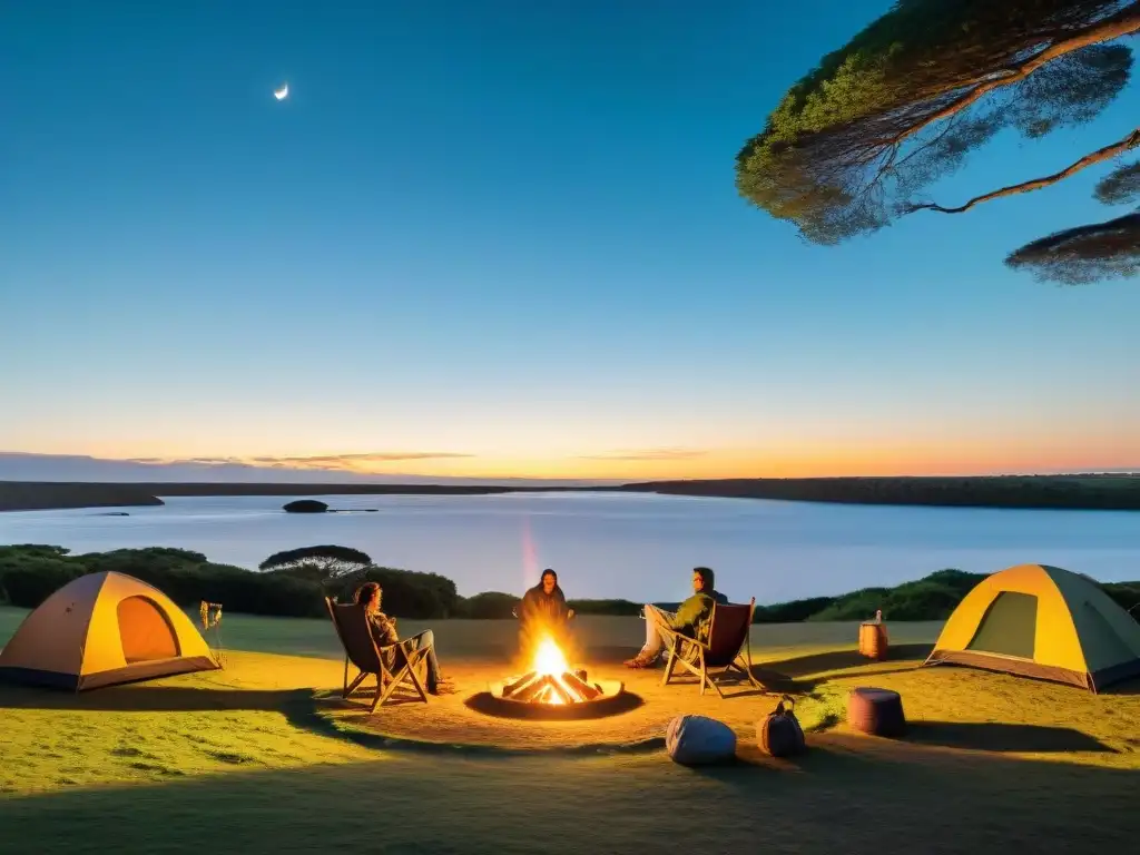 Campamento en Uruguay: Comunidad y Naturaleza al Atardecer Un campamento comunitario en Uruguay al atardecer, reflejando la historia del camping en Uruguay