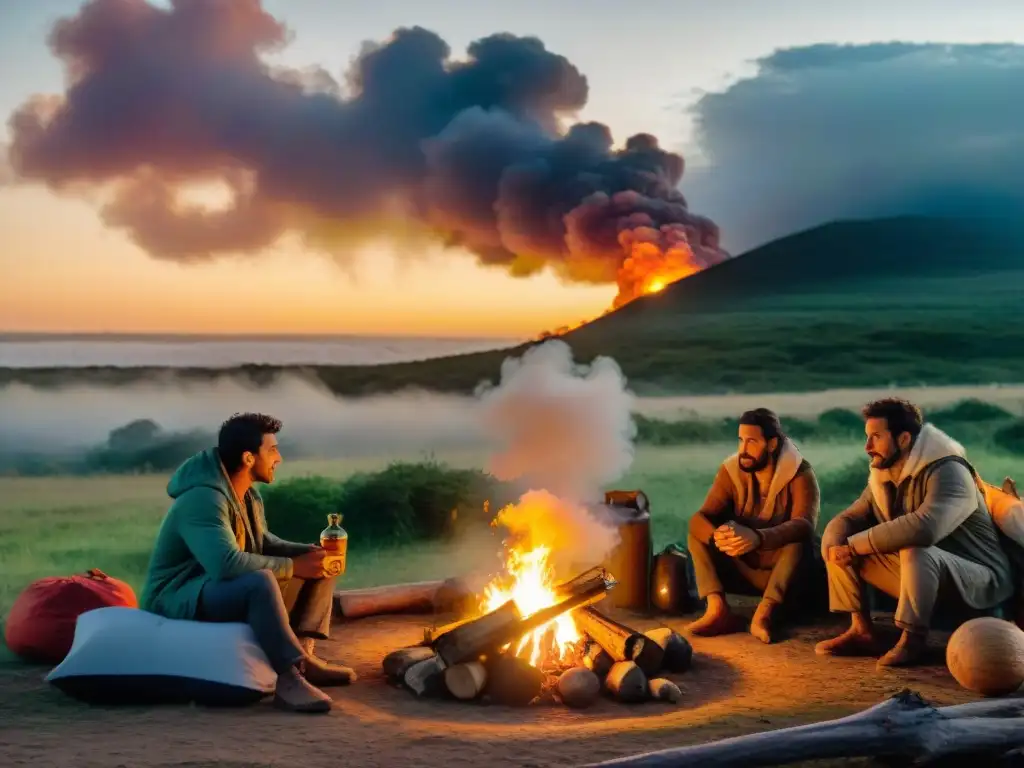Campamento sostenible: mates al atardecer en Uruguay Campamento consciente en Uruguay: campistas disfrutan del mate alrededor de la fogata al atardecer, rodeados de biodiversidad local