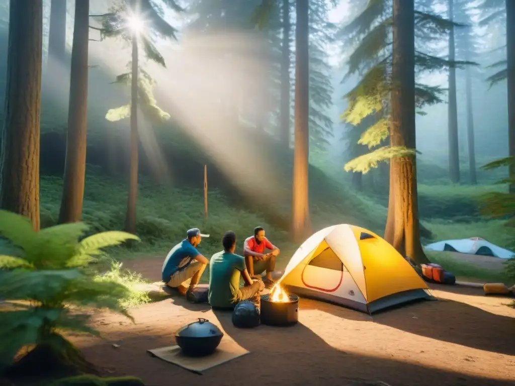 Camping sostenible: diversión al aire libre con energía solar Campamento diverso en el bosque con actividades al aire libre y paneles solares portátiles para camping