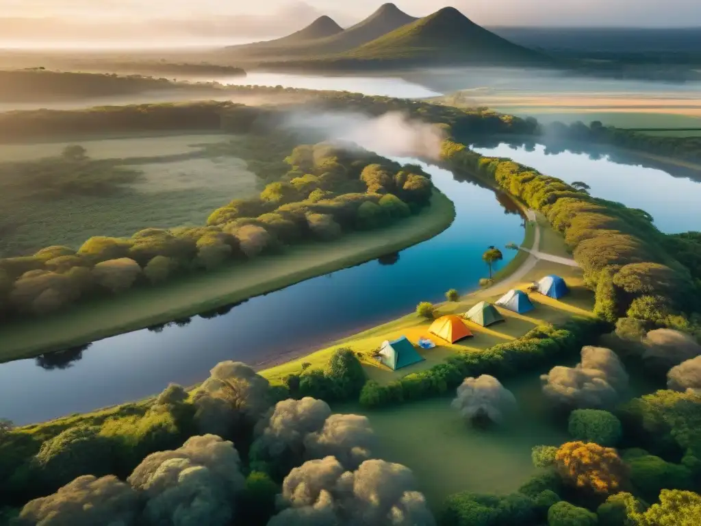 Campamento de aventura en Uruguay: diversidad y naturaleza en armonía Campamento diverso en Uruguay: tiendas coloridas, río serpenteante y campistas disfrutando de tradiciones al atardecer