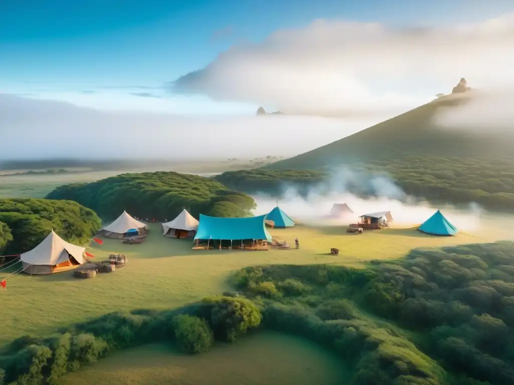 Campamento vibrante en Uruguay: tradición y tecnología aérea Campamento diverso en Uruguay: tiendas, hamacas, naturaleza exuberante, tradiciones locales y tecnología moderna