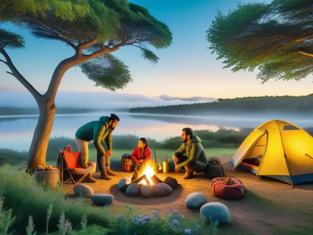 Campamento familiar en Uruguay: naturaleza y comunidad Un campamento diverso en Uruguay: familias arman tiendas mientras una pareja enciende fogata, rodeados de naturaleza