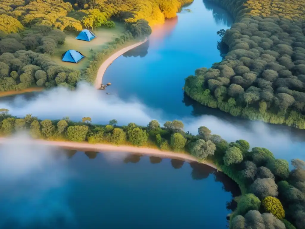 Campamento de ensueño en Uruguay: conexión con la naturaleza Campamento en Uruguay: amanecer dorado entre árboles altos y río tranquilo