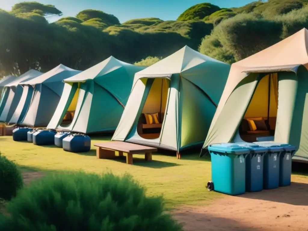 Campamento eco en Uruguay: prácticas sostenibles en acción Campamento ecoamigable en Uruguay con tiendas de campaña, contenedores de reciclaje y paneles solares