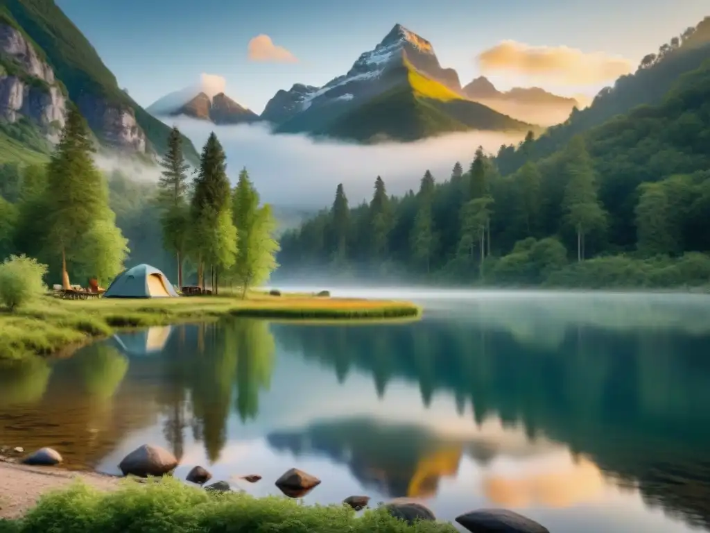 Campamento sostenible al amanecer: armonía con la naturaleza Campamento ecofriendly en armonía con la naturaleza, reflejado en río cristalino al amanecer