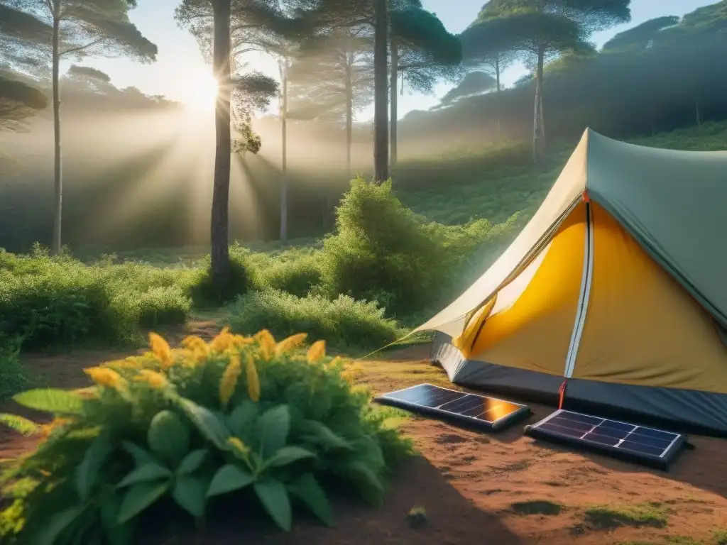 Camping ecológico al atardecer con paneles solares en Uruguay Campamento ecofriendly con paneles solares portátiles para camping en bosque de Uruguay al atardecer