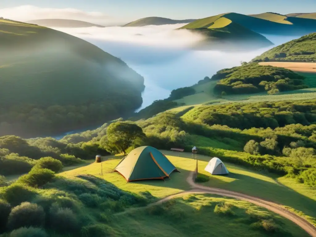 Campamento ecológico en Uruguay: naturaleza y sostenibilidad Un campamento ecofriendly en Uruguay con tienda, fogata y actividades sostenibles