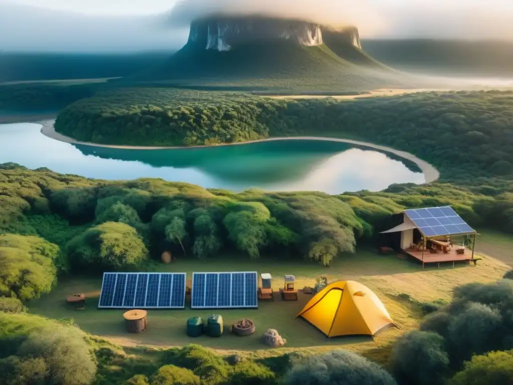 Campamento sostenible en Uruguay: eco-prácticas y naturaleza Campamento ecológico al amanecer en Uruguay con excursionistas y mapas en apps ecocamping sostenible en Uruguay