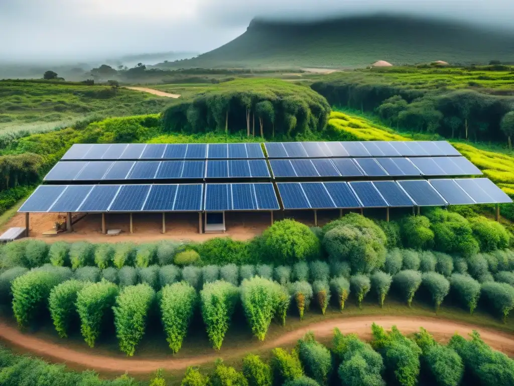 Ecocamp sostenible en Uruguay: infraestructura ecológica y practicas verdes Campamento ecológico en Uruguay con paneles solares, estaciones de reciclaje y vegetación exuberante