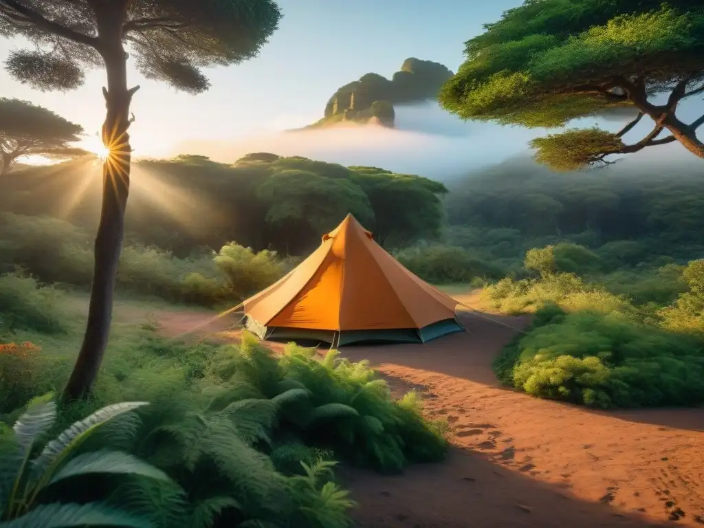 Campamento eco-friendly en bosque uruguayo al atardecer Un campamento ecológico en Uruguay, con una tienda acogedora entre la flora y fauna nativa, iluminada por el cálido sol poniente