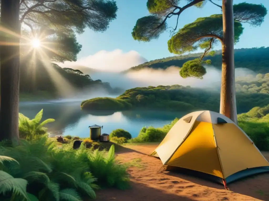 Campamento eco en bosque de Uruguay: serenidad y naturaleza Un campamento ecológico en Uruguay: tienda en el bosque, fogata y suministros