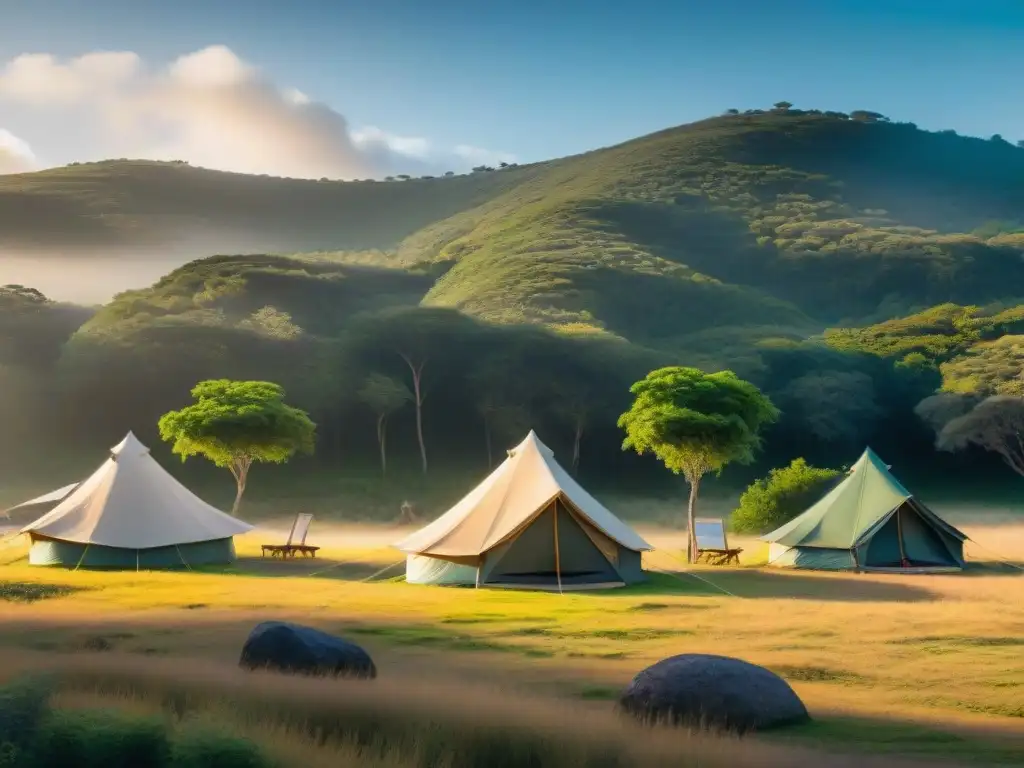Campamento ecológico en Uruguay: convivencia armoniosa con la naturaleza Un campamento ecológico en Uruguay con tiendas sostenibles, campistas cuidando el medio ambiente al atardecer