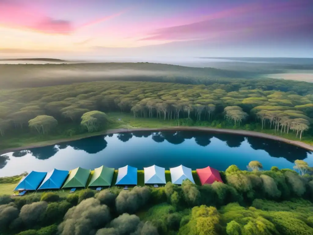 Camping ecofriendly en Uruguay: armonía natural y sostenible Campamento ecológico en Uruguay con vista al amanecer en el bosque y actividades sostenibles