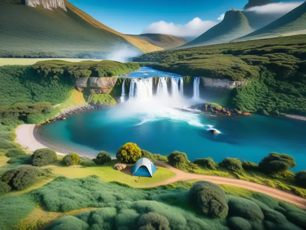 Campamento junto a cascada en Uruguay: aventura y comunidad Campamento económico en Uruguay: grupo diverso disfruta junto a fogata en un paisaje de cascada y naturaleza