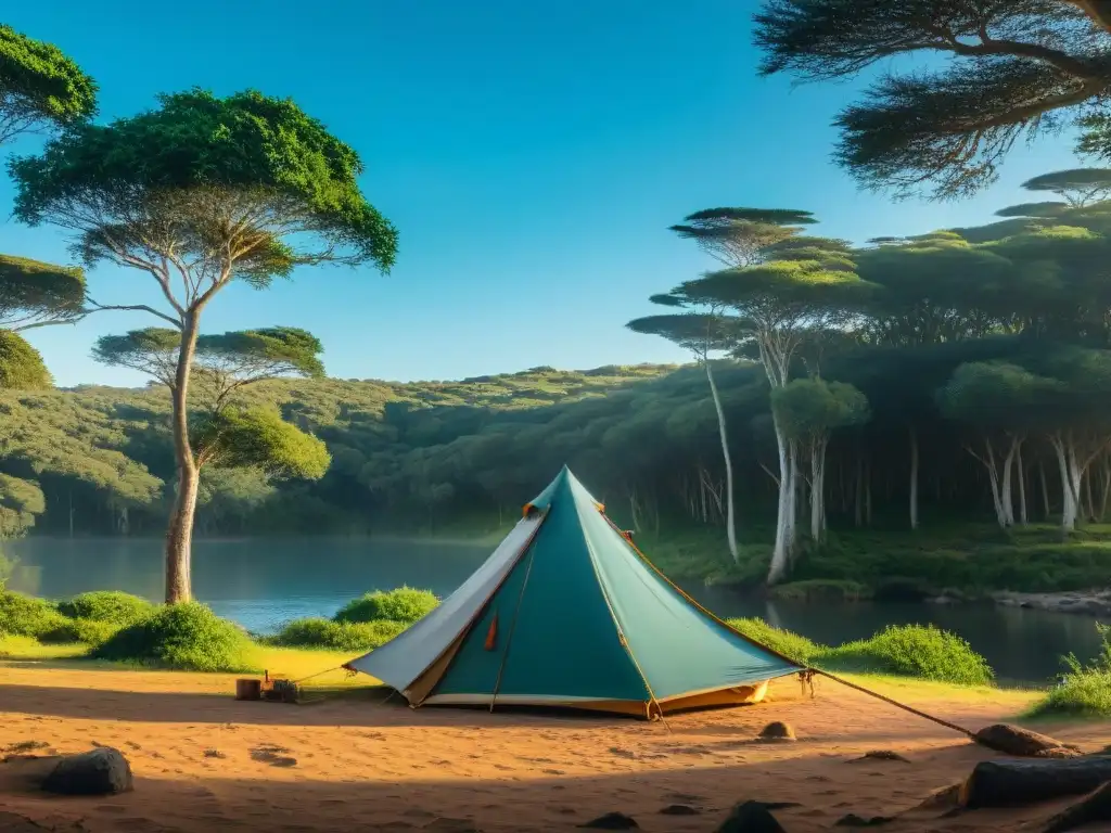 Campamento sereno en Uruguay: naturaleza, fogata y paz Campamento económico en Uruguay: refugio entre la exuberante naturaleza, con hoguera, tienda y hamaca