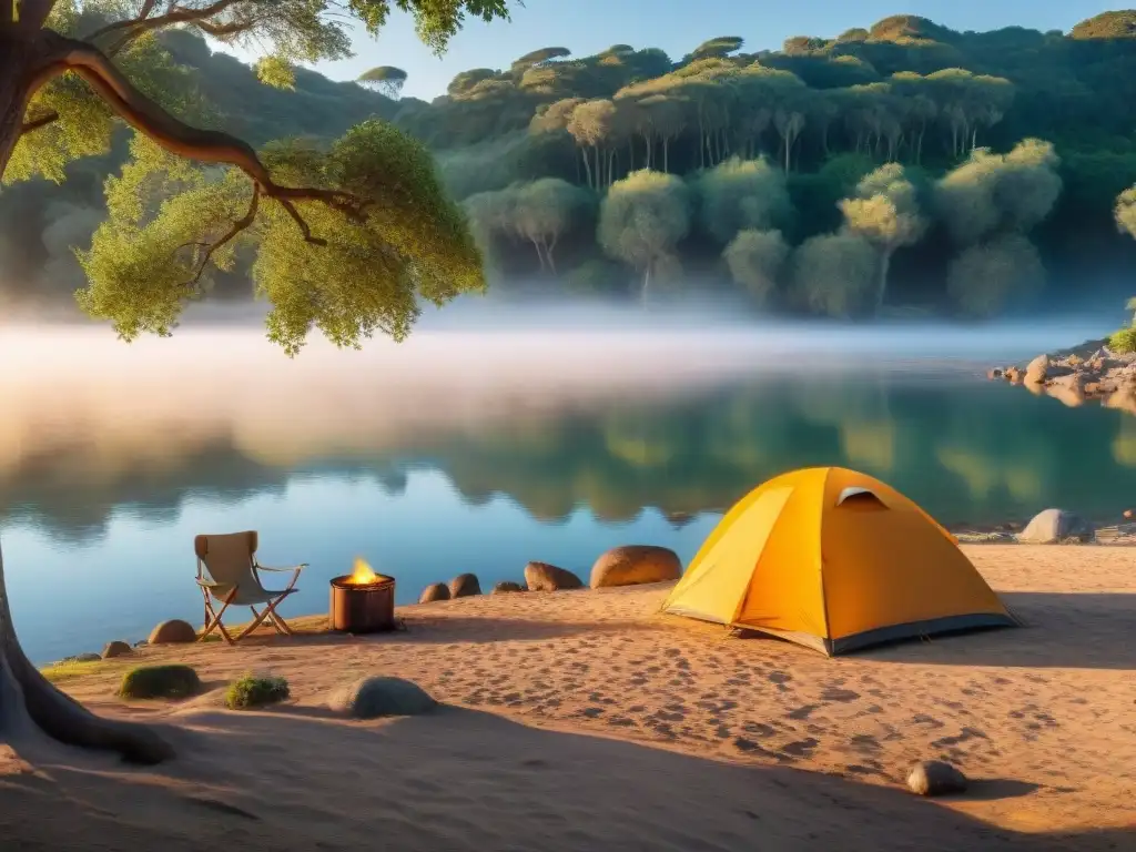 Camping familiar en Uruguay: serenidad y diversión en la naturaleza Un campamento económico en Uruguay: familia feliz en acampada junto al río al atardecer