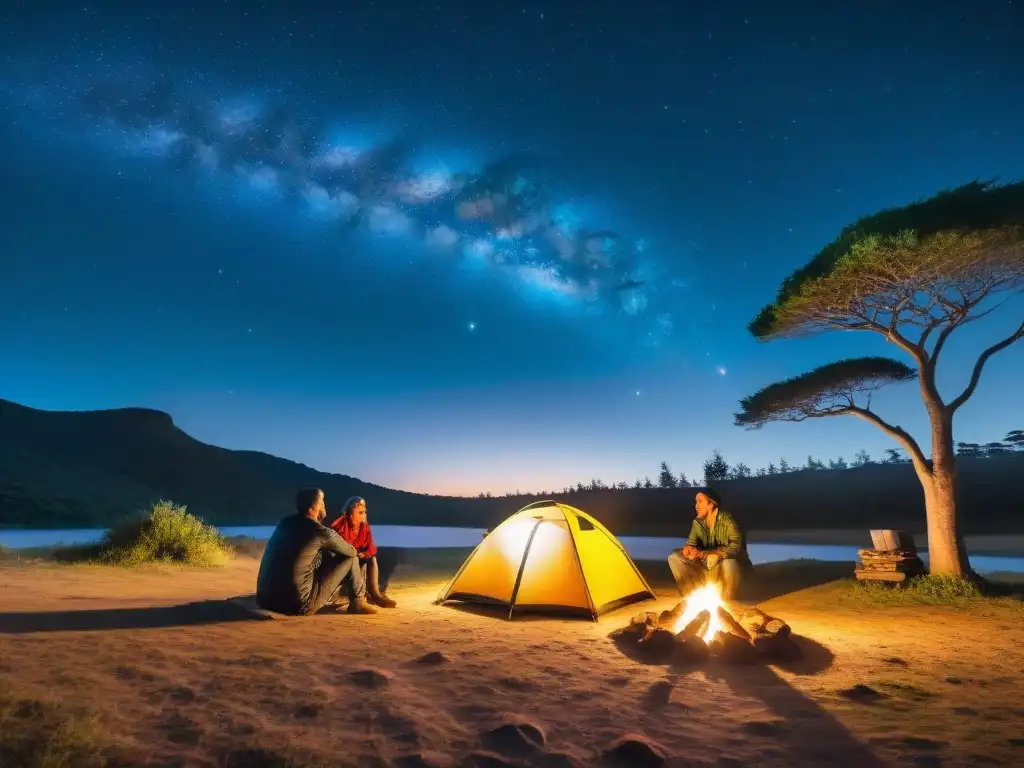 Galaxia en Uruguay: Noche estrellada sobre campamento Un campamento bajo las estrellas en Uruguay, con la Vía Láctea brillando en todo su esplendor