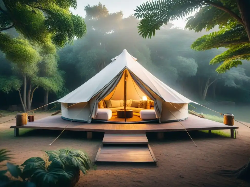 Glamping de lujo en Uruguay: tienda elegante entre exuberante naturaleza Campamento exclusivo en Uruguay: lujosa tienda de glamping entre exuberante vegetación, con elegante decoración y hamaca