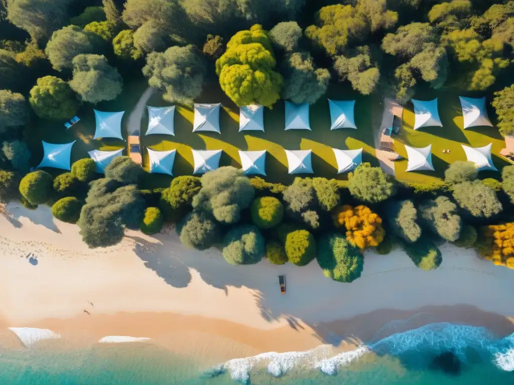 Camping de lujo junto al mar en Uruguay: exclusividad y encanto Un campamento exclusivo en Uruguay: tiendas de lujo en la playa al atardecer, comensales elegantes bajo luces de hadas