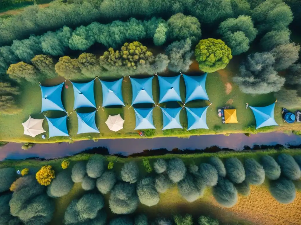 Campamento en Uruguay: Naturaleza exuberante y diversión al aire libre Un campamento exitoso en Uruguay: coloridas tiendas entre colinas y río, campistas disfrutando de actividades al aire libre