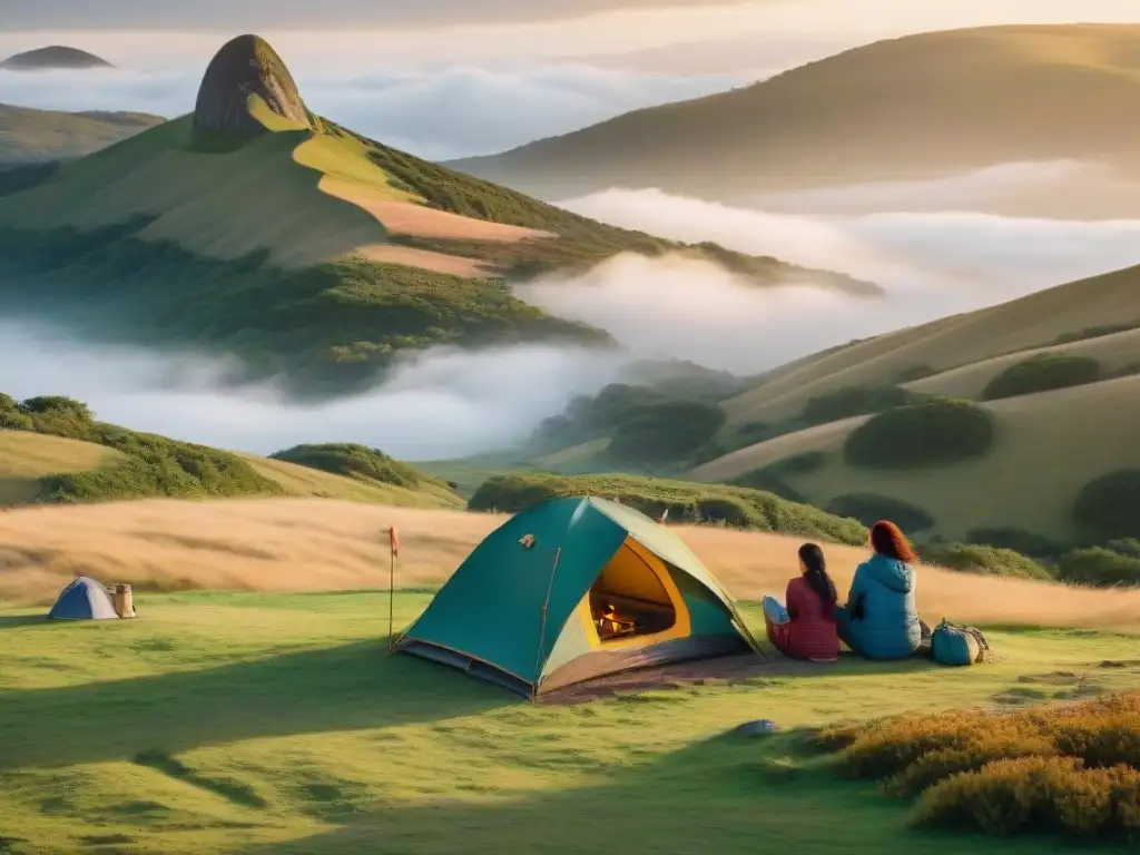 Acampando en Uruguay: Familia feliz al atardecer Un campamento familiar en Uruguay al atardecer, con tiendas coloridas, fogata y colinas iluminadas