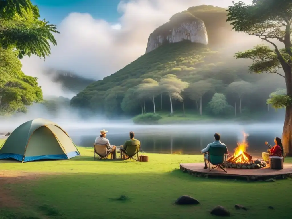 Campamento familiar en Uruguay: naturaleza, diversión y alegría Un campamento familiar en Uruguay: árboles verdes, río sereno, tiendas de colores, fogata acogedora y campistas felices disfrutando de la naturaleza