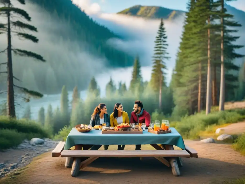 Picnic sin fuego en el bosque: snacks coloridos y risas Campamento sin fuego: campistas disfrutan de recetas camping sin fuego creativas bajo pinos
