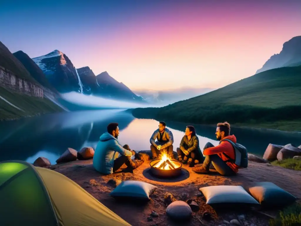 Campamento futurista: tecnología y naturaleza en armonía Campamento futurista con gadgets de supervivencia para camping en la noche estrellada