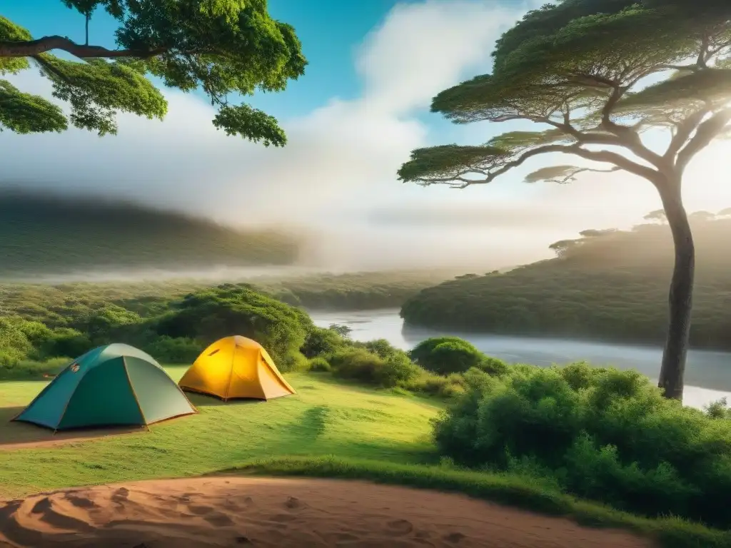 Campamento perfecto en Uruguay: naturaleza, diversión y tranquilidad Un campamento idílico en Uruguay con campistas disfrutando de la naturaleza