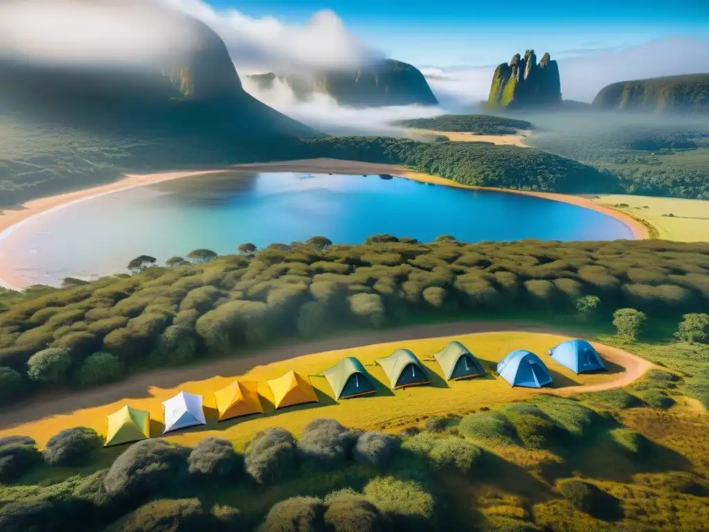 Camping en Uruguay: Naturaleza exuberante y diversión al aire libre Un campamento idílico en Uruguay: carpas coloridas, diversidad de campistas disfrutando de actividades al aire libre bajo el cálido sol