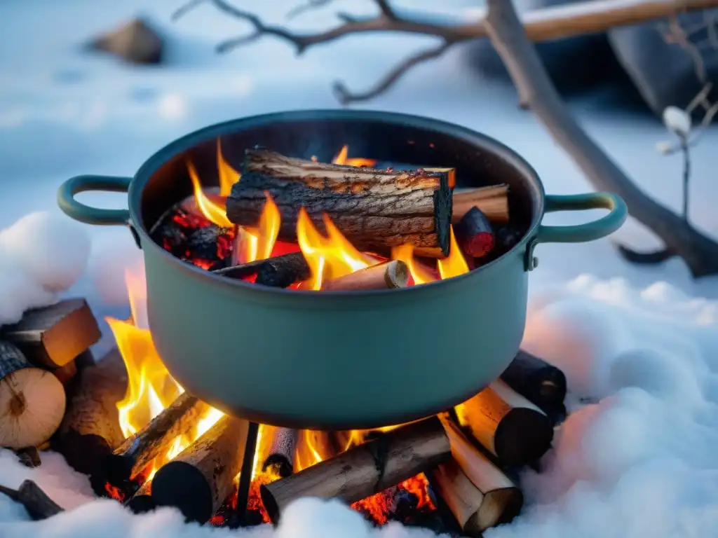 Escena de fogata invernal en el bosque nevado Campamento de invierno con fogata y olla de estofado, recetas cocina campamento invierno